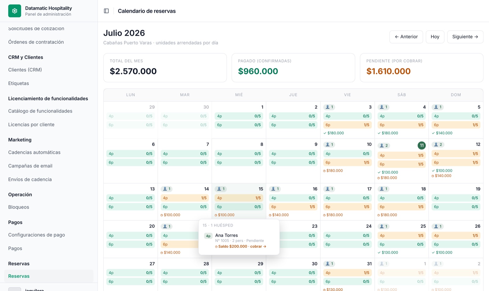 Calendario de ocupación con montos